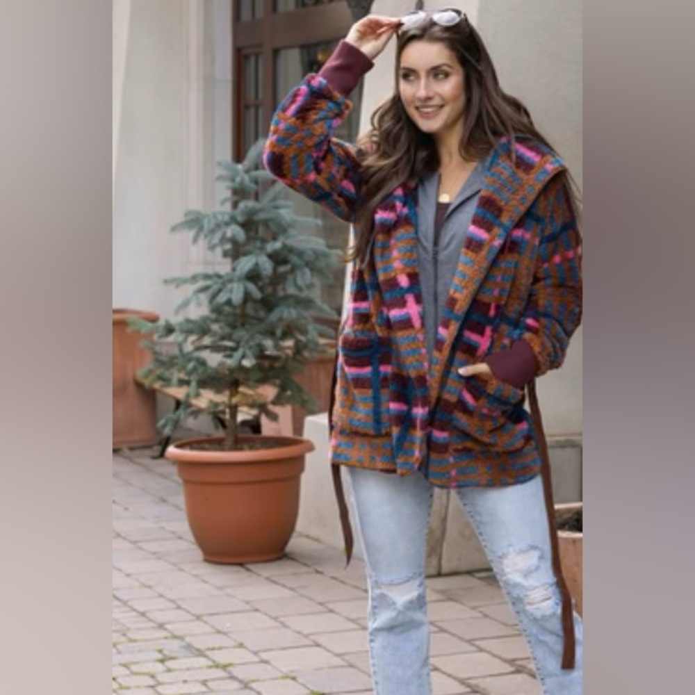 Fleece Jewel Plaid Wrap Jacket | Multi Fleece Plaid Wrap Jacket L/XL - Picture 2 of 12